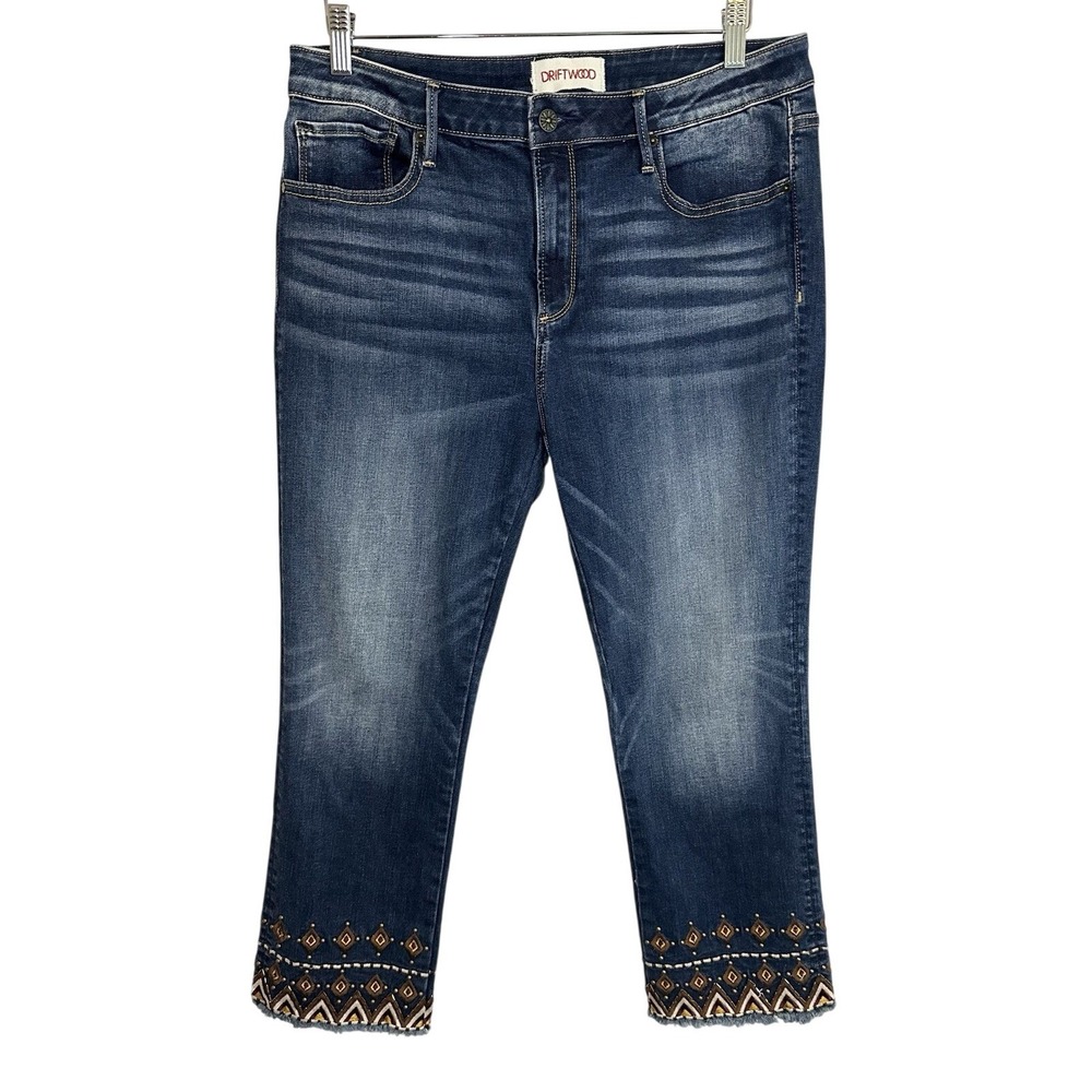 Driftwood Women 32 Colette Crop Embroidered Beaded Studs Boho Raw Hem Blue Jeans